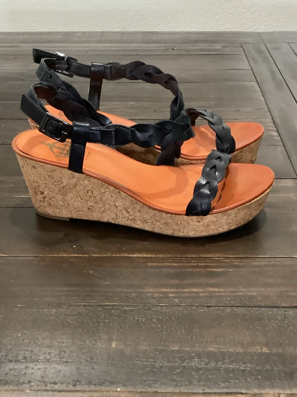Crown Vintage Black Braided Cork‎ Wedge Sandals